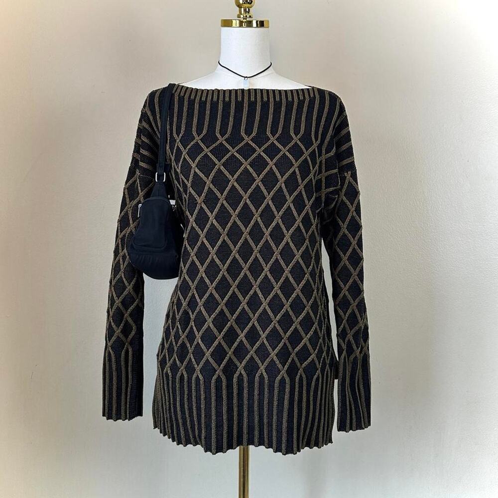 Peruvian Connection Sweater Cabled Tunic Boatneck Fisherman Gold & Black - Med